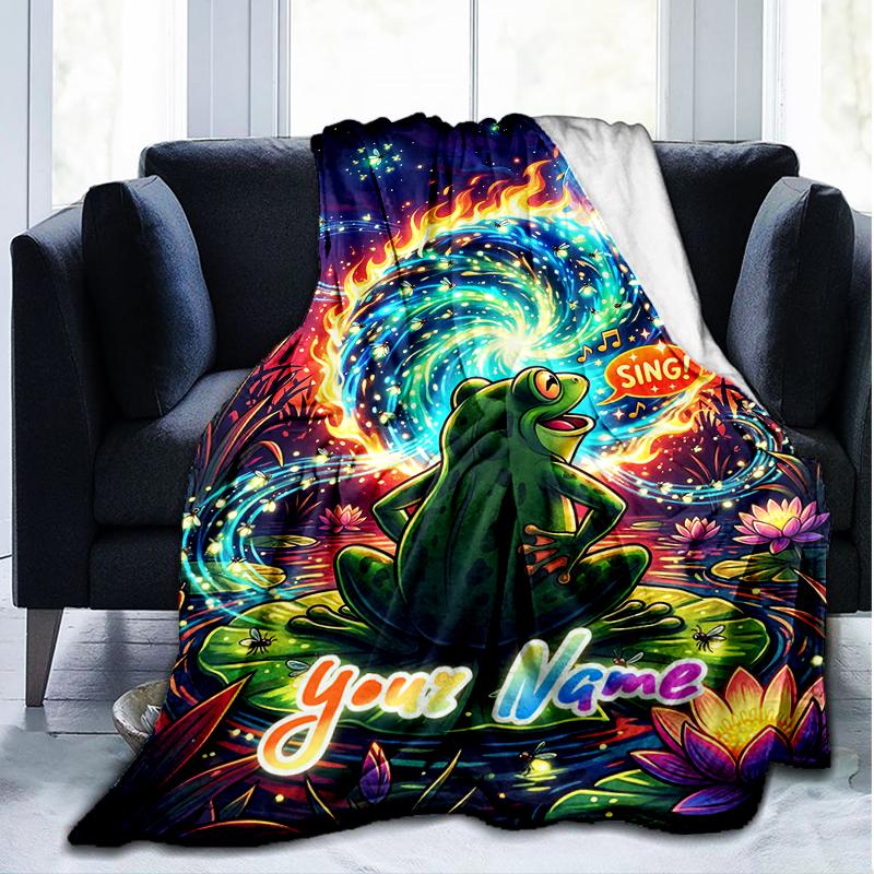 1PC Custom Name Frog Magical Pond flannel blanket versatile,all-season throw suitable for the living room,bedroom,camping,travel,and gift