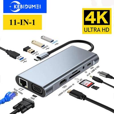 11 в 1 USB C Hub Type C Док-станция для HDMI-совместимого адаптера USB 3.0 PD 3,5 мм Устройство чтения карт памяти TF Полнофункциональный концентратор USB C Splitter