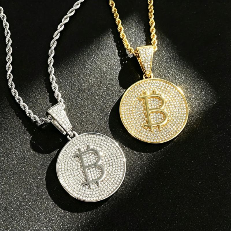 Кулон-монета Bitcoin с инкрустацией цирконами цвета меди, Хип-хоп тренд, Мужские персонализированные аксессуары для ожерелья