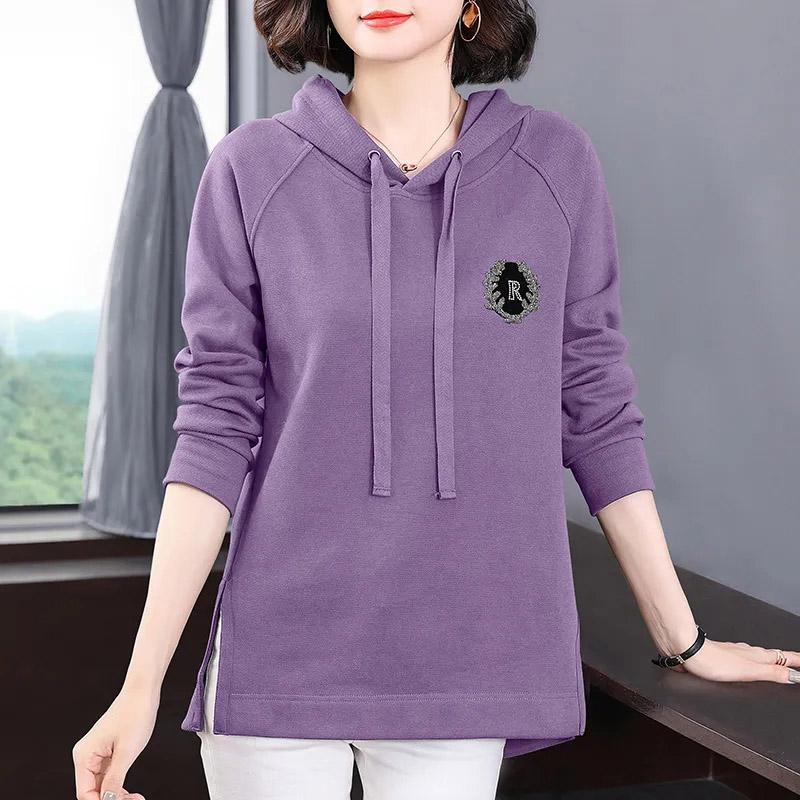 Hooded Sweater Women's Fall and Winter Striped Long-sleeved T-shirt Big Yards Ing Solid Color Shirt Casual Pullover Tops