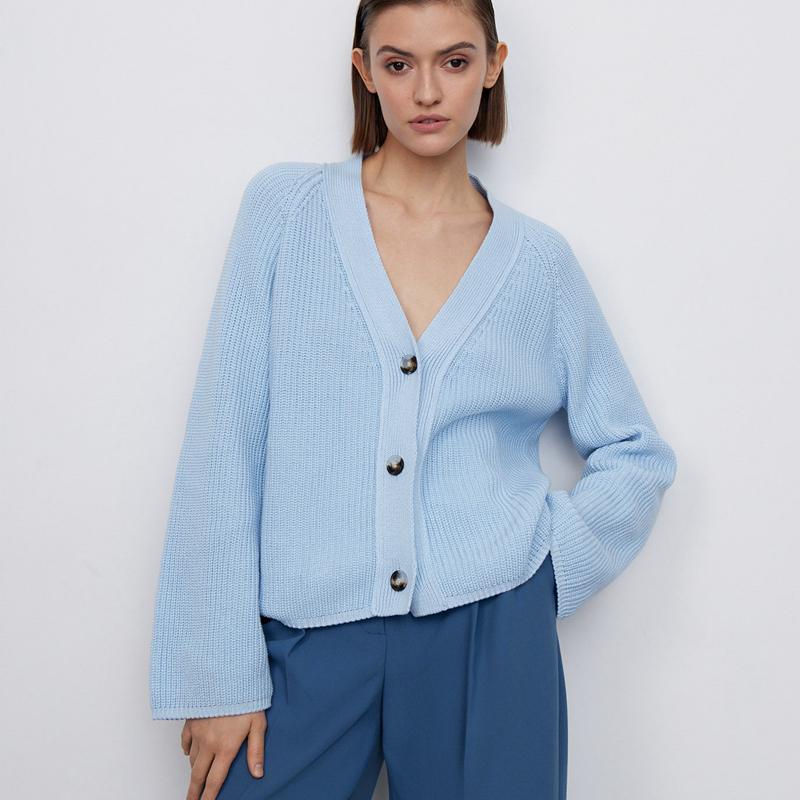 Women V Neck Short Sweater Cardigan Autumn Winter Temperament Bat Sleeve Button Solid Knit Tops