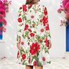 Women Plus Size V Neck Long Sleeve Floral Printed White A Line Dress