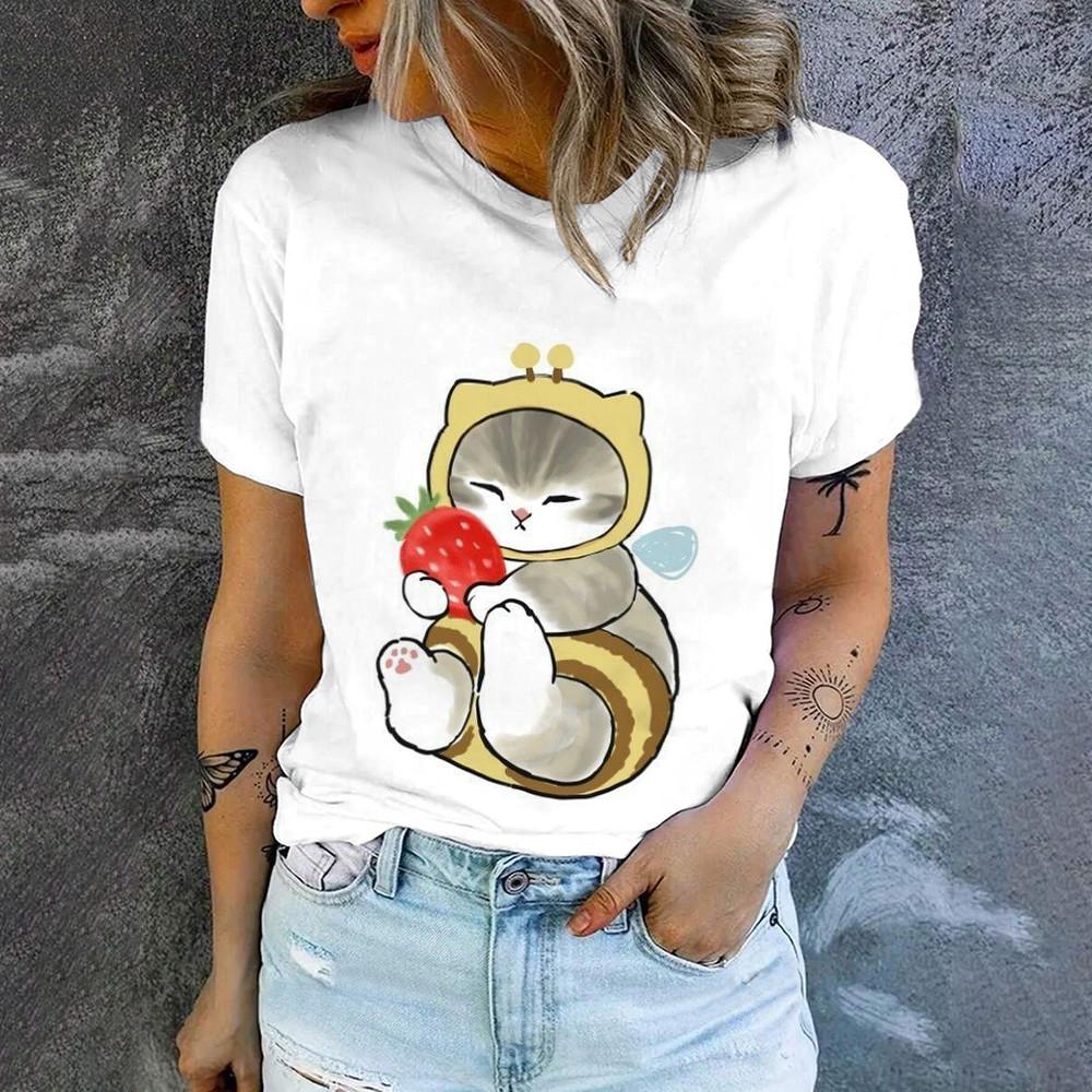 Cute Cat Print High Quality Short Sleeve Street Fashion Loose Round Neck T-shirt Summer New Casual Comfortable Women's T-shirt