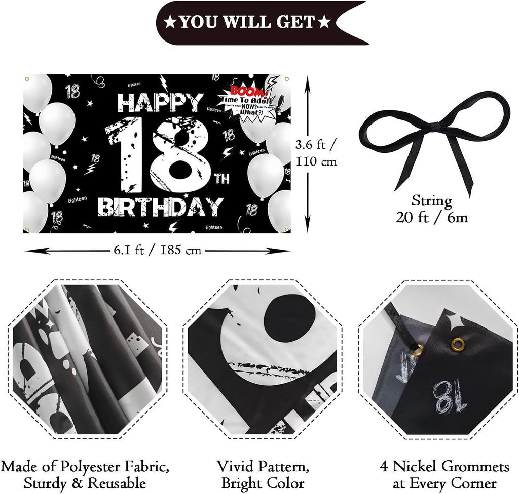 18th Birthday Decoration for Men Women, Fabric Happy 18th Birthday Backdrop Banner Black White, 18 Year Old Birthday Par