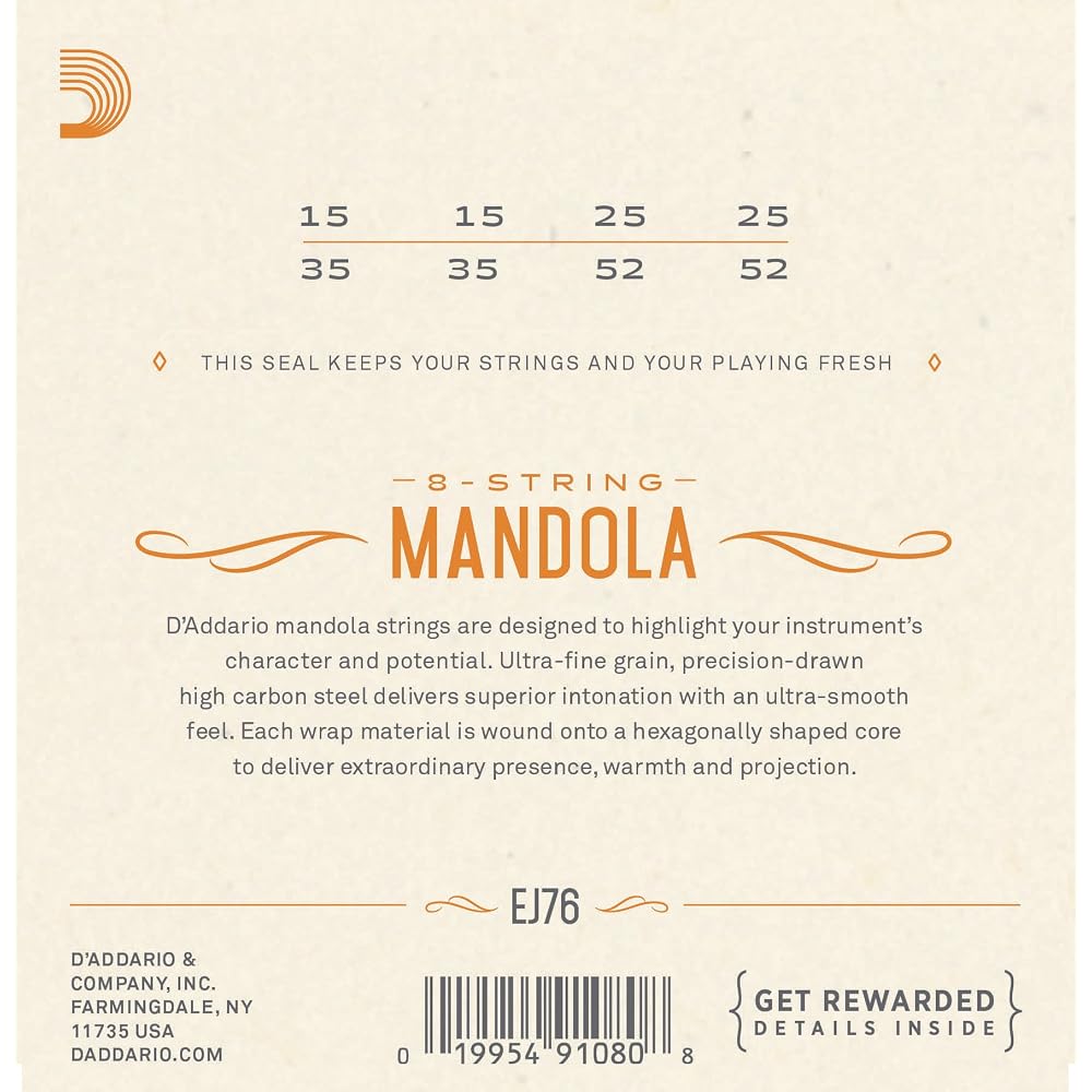 D'Addario Mandola Strings, Phosphor Bronze, Medium, .015-.052mm, EJ76 [Domestic Genuine Product]