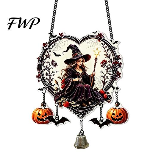 Halloween Wall Hangings Acrylic Love Heart Wreath Ornament, Cartoon Owl Ghost Witch Festive Hanging Decoration Skeleton Decor, Party Pendant with Bell