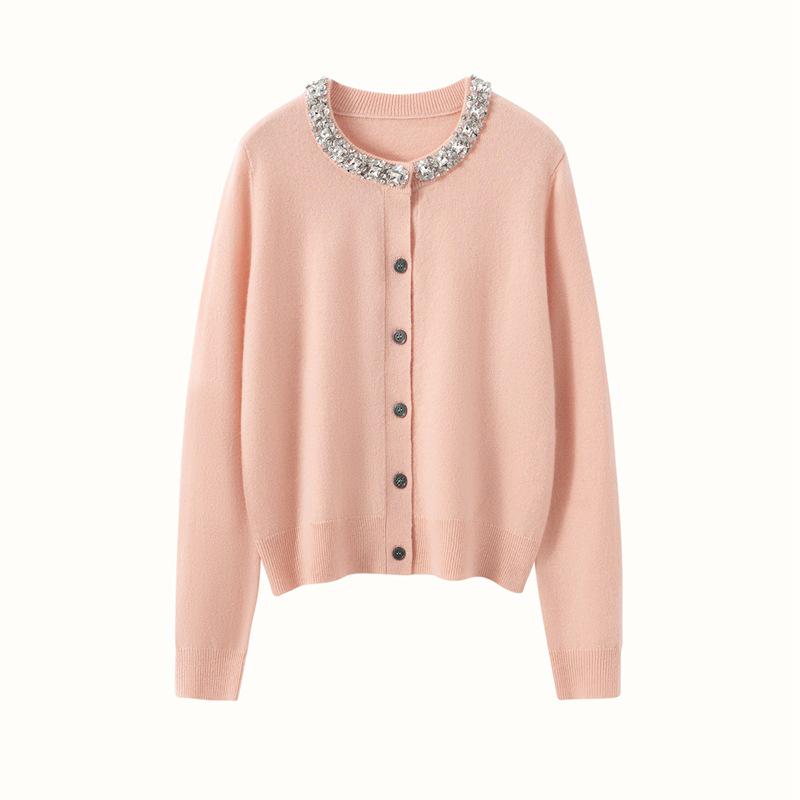 Autumn Winter Wool Knit Cardigan with Beaded Rhinestone Embellishments