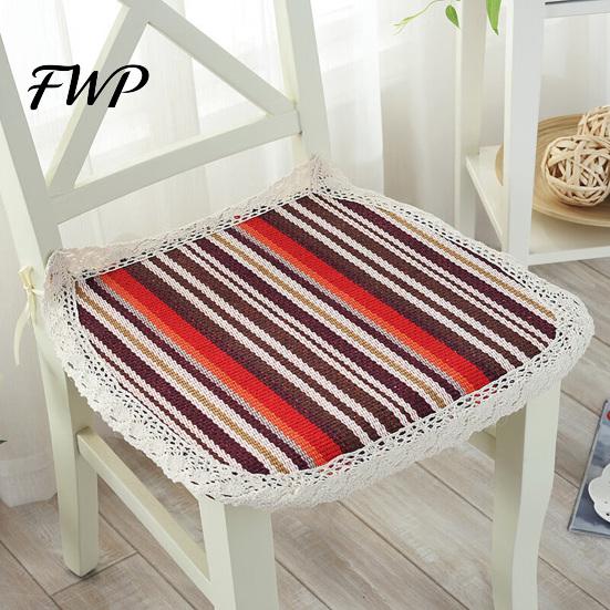 Retro Lace Trim Chair Mat Cotton Linen Pad with Ties, Striped Plaid Decorative Seat for Rattan Chairs Trim, Breathable Dining Office Summer