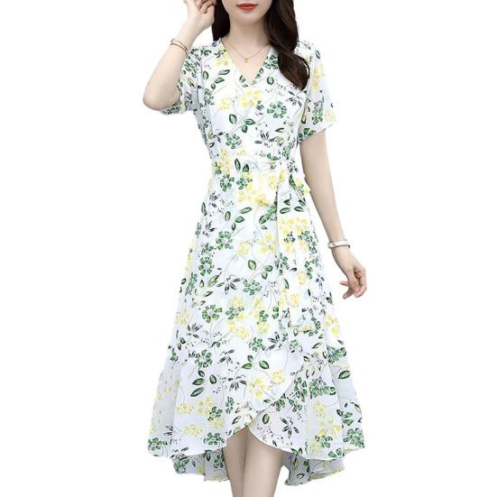 Платье с цветочным принтом для женщин с V-образным вырезом, коротким рукавом, струящимся запахом, платье миди с оборками и неровным подолом, платье А-силуэта для пляжного отдыха