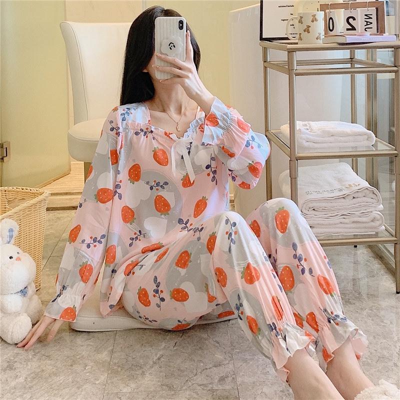 Пижамы женские с длинными рукавами из тонкого хлопка и шелка корейский комплект одежды для сна больших размеров