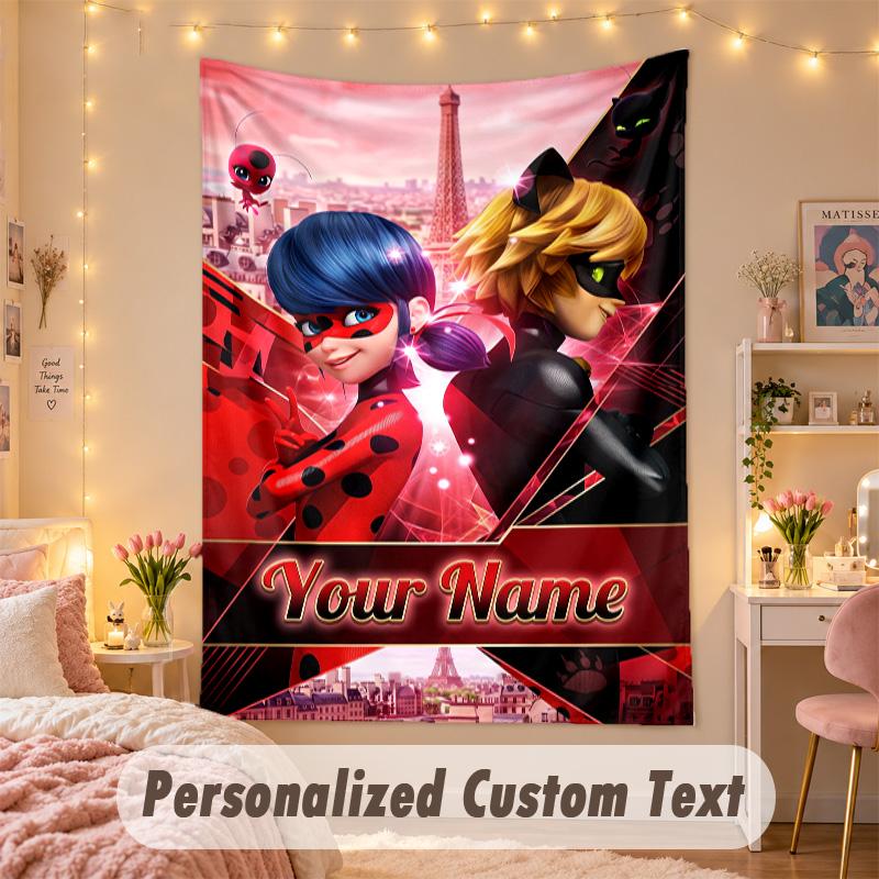 Custom Personalized Tapestry,Miraculous Ladybug Print Custom Name Text Wall Art Hanging for Bedroom