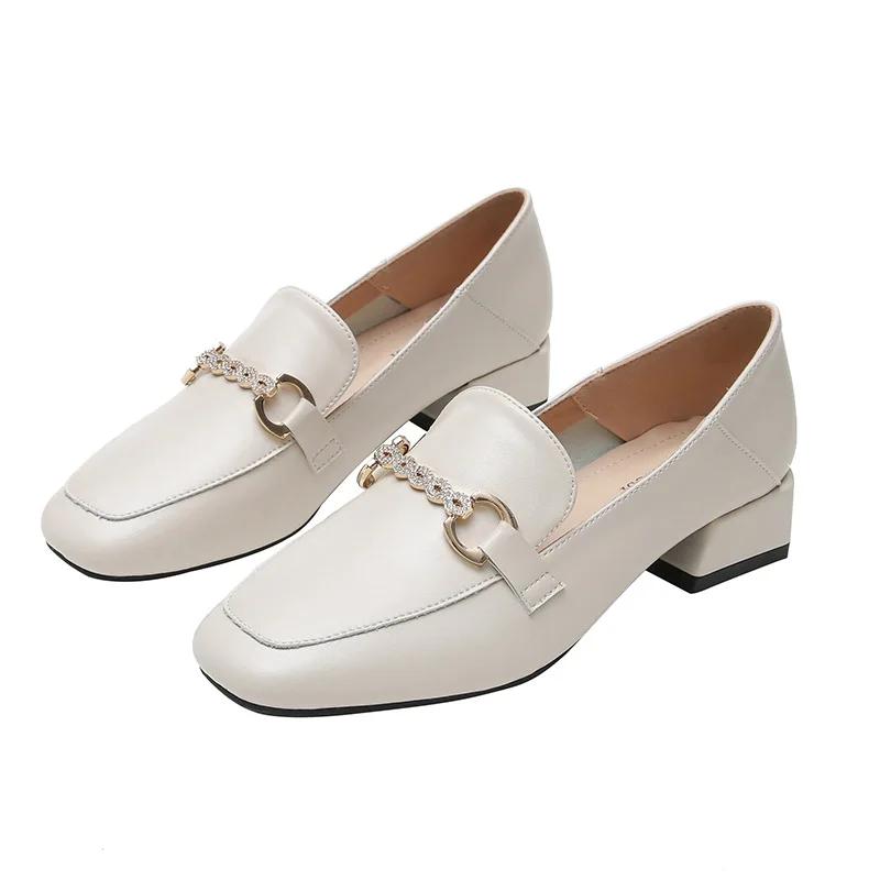 Маленькие кожаные туфли женские на толстом каблуке черные на среднем каблуке лоферы большого размера женские туфли лодочки женские туфли