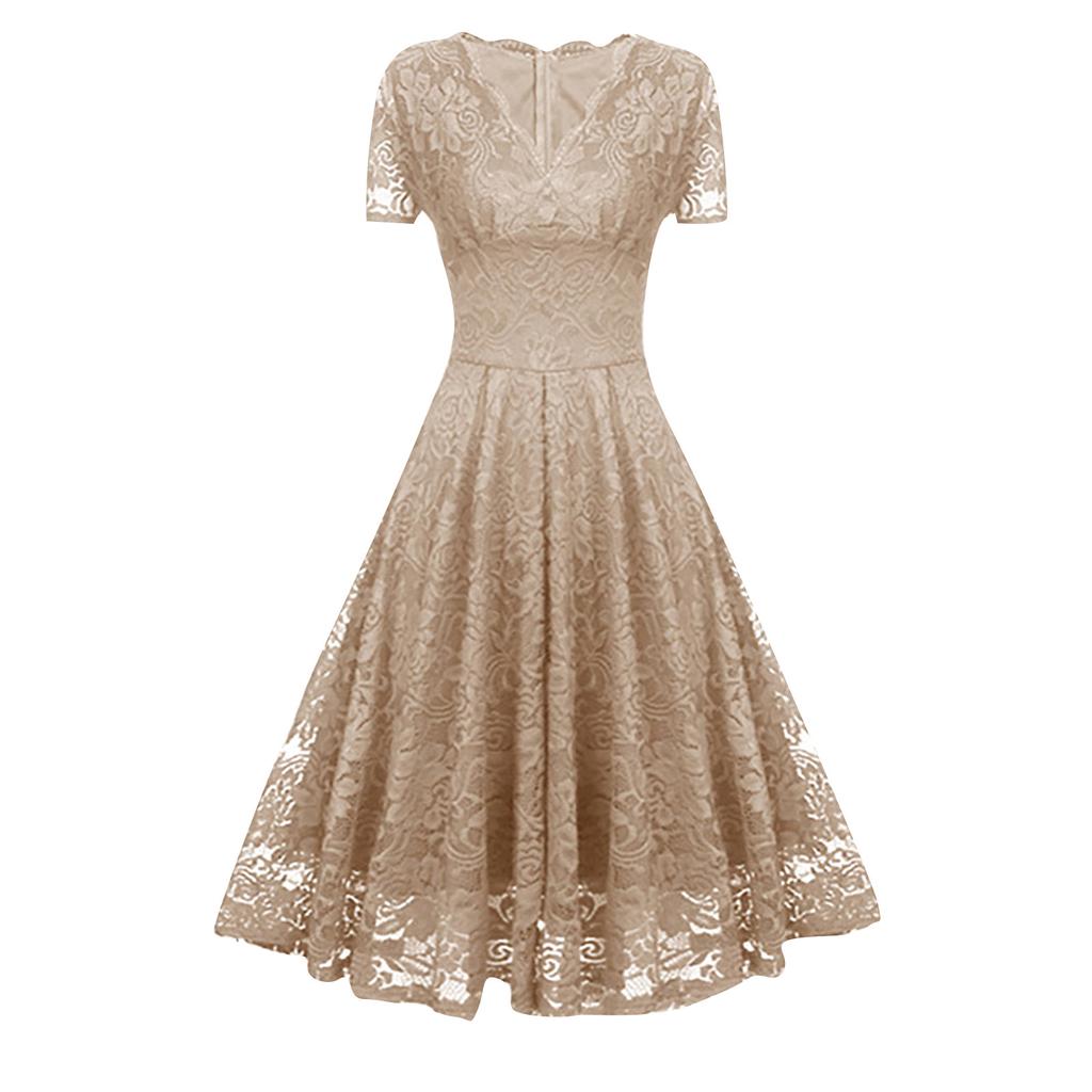 Women's Fashion Vintage V-Neck Short Sleeve Contrast Dovetail Slim Lace Evening Dress