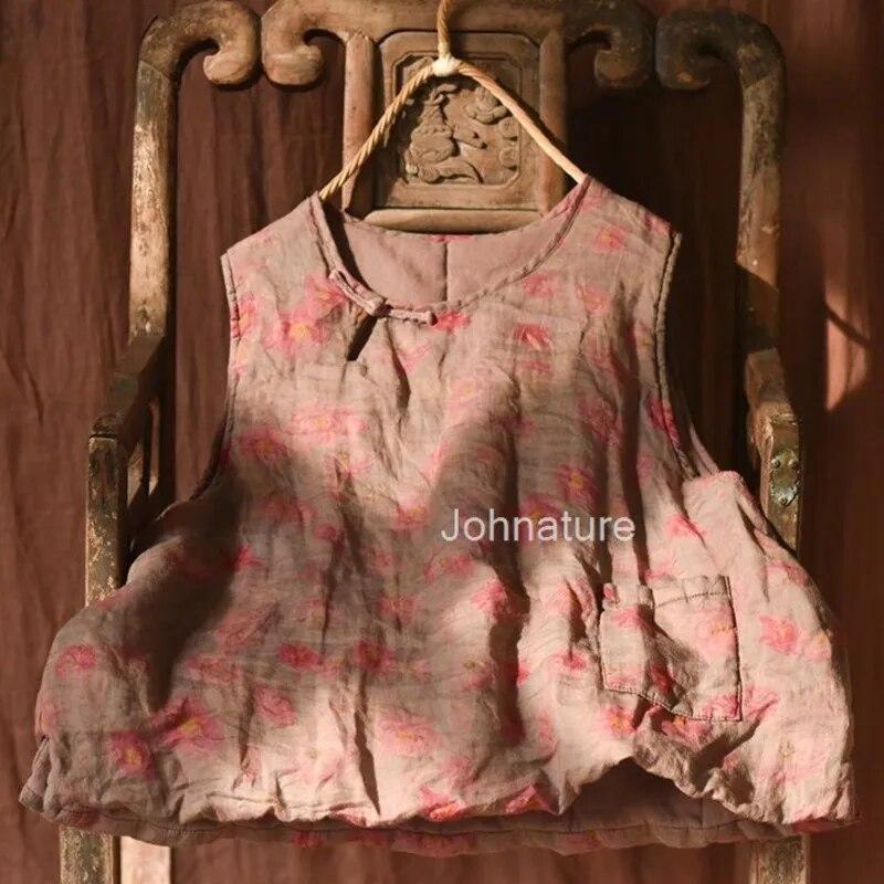 Johnature Women Vintage Print Floral Pullover Vests Coats O-Neck Patchwork Pockets Clothes Spring Chinese Style Vests