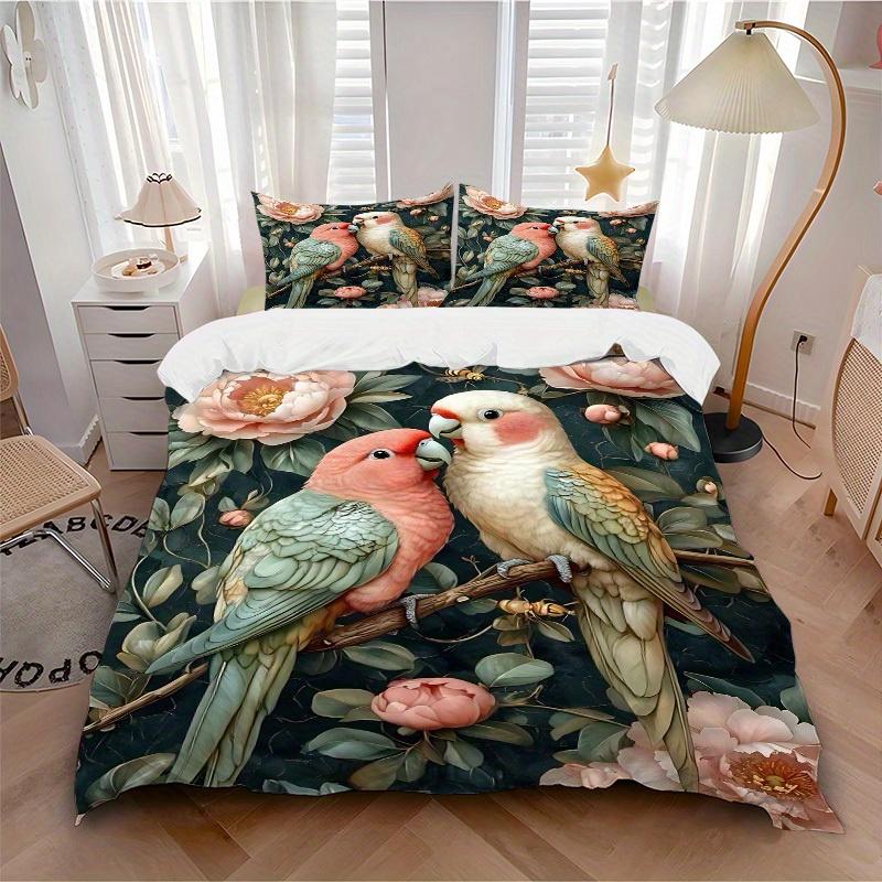 3pcs Parrot Floral Bedding Cover Set, Fashion Classic Popular Print Bedding Set, Soft Comfortable, All - Season Use, For Bedroom103