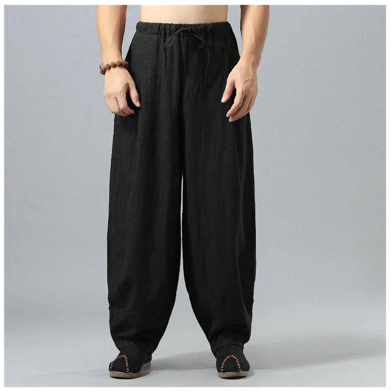 Льняные тайские рыбацкие штаны свободные мужские брюки гаремы однотонные на кулиске широкие штанины брюки для боевых искусств повседневные пиратские штаны