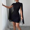 European and American Women's Ribbed Chiffon Cape Bodycon Dress