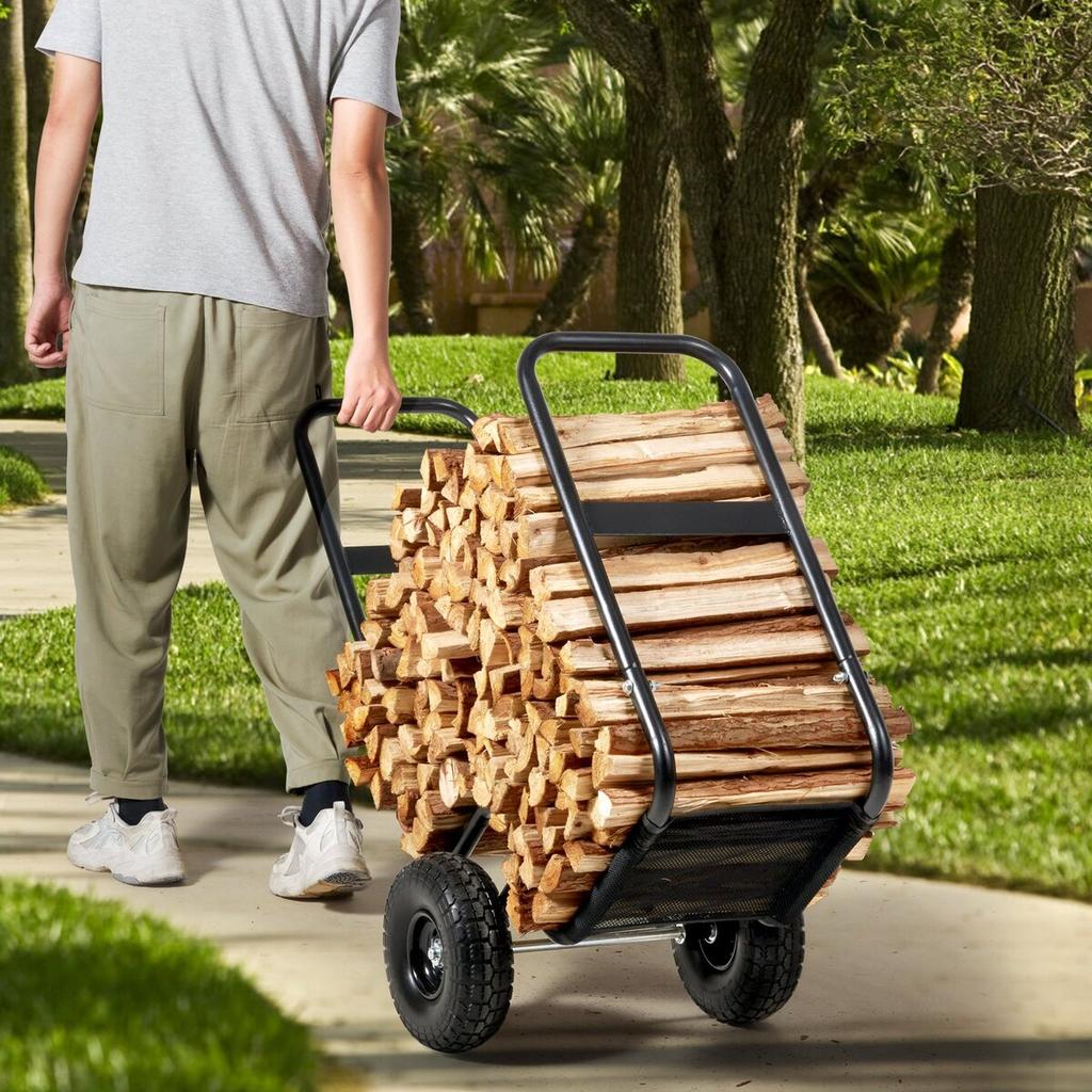 Firewood Log Cart, 113.4 kg Capacity, Outdoor and Indoor Wood Rack Storage Mover with PU Wheels & Waterproof Cloth, Heavy Duty Steel Dolly Hauler,
