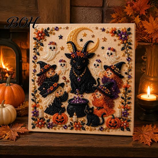 Fall Holiday Decoration Halloween Faux Pearl Art DIY Kit, 3D Bead Embroidery Craft Set, Spooky Handmade Ghost Pumpkin Goat Witch Wall Art, Seasonal