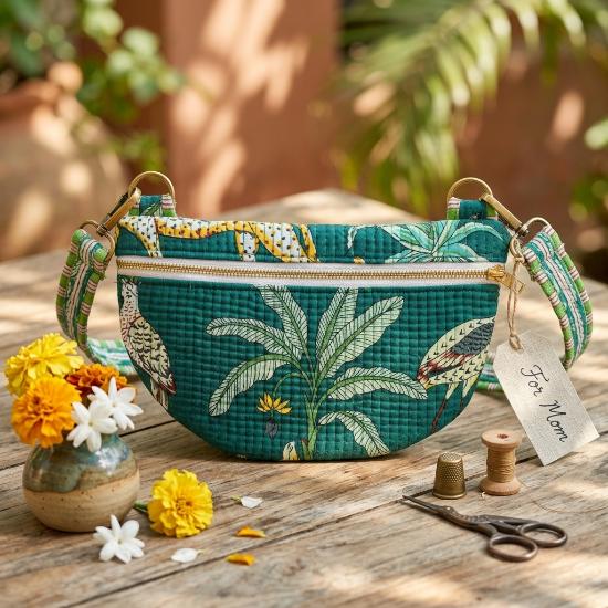 Crossbody Bag usalover925 Green Quilted Cotton Jungle Print Crossbody Bag 07