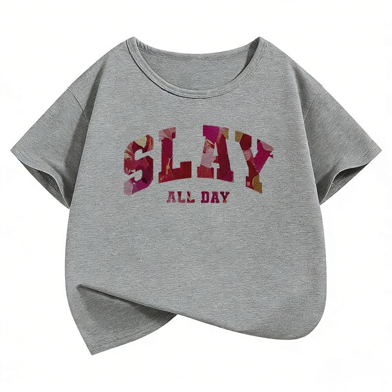Slay All Day Letter Printed T Shirts Y2k Fashion Kids Short Sleeve Tshirt Boys Girls Summer Spring Casual Top Tee Shirt