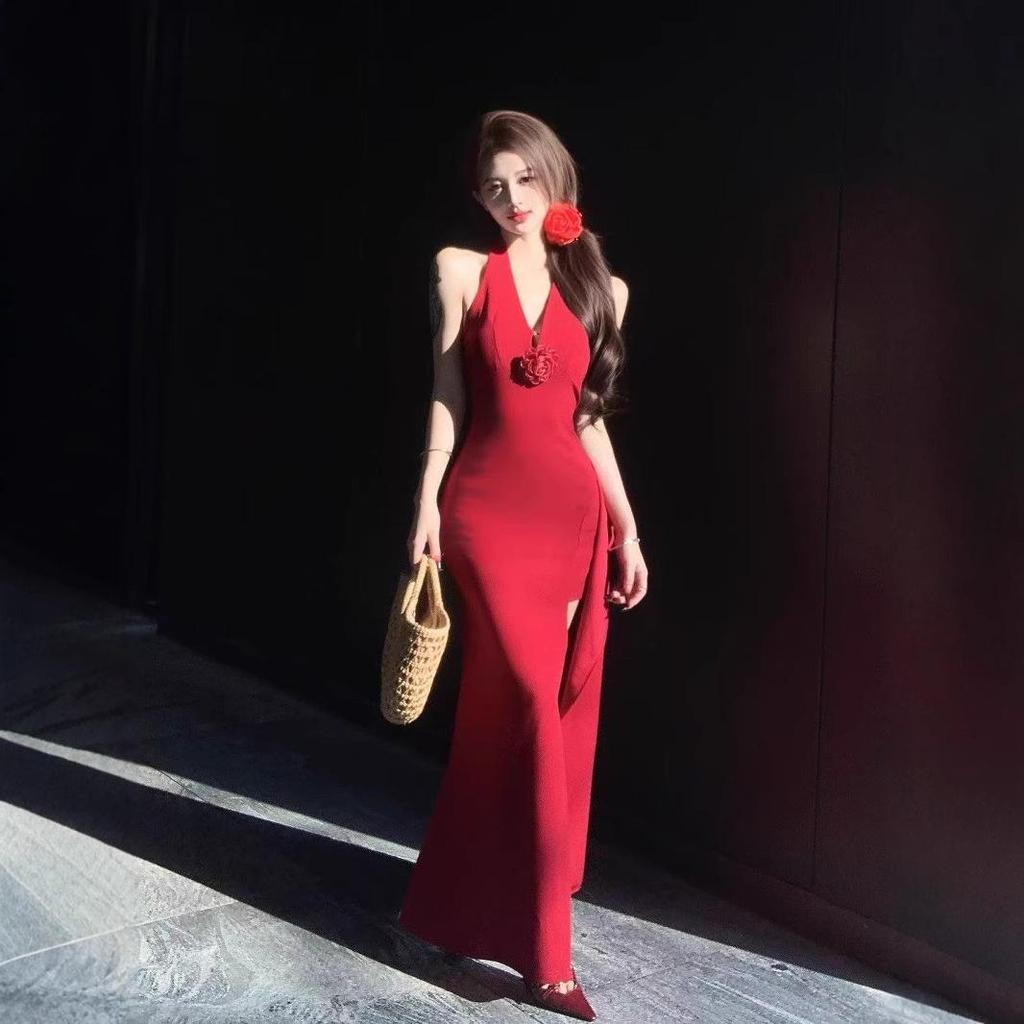 Женское облегающее красное вечернее платье с 3D-цветочным халтером - Облегающее платье-бодикон с разрезом