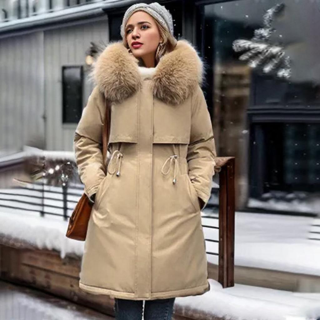 Женская осенне-зимняя куртка, парка, утепленная хлопковая подкладка, средней длины, с меховым воротником и капюшоном, регулируемая талия, сплошной цвет