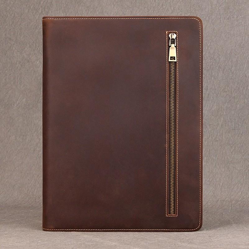 Vintage Crazy Horse Leather IPad Case With Pen Slot 4-Hole Ring Binder Study Office Use 11-inch
