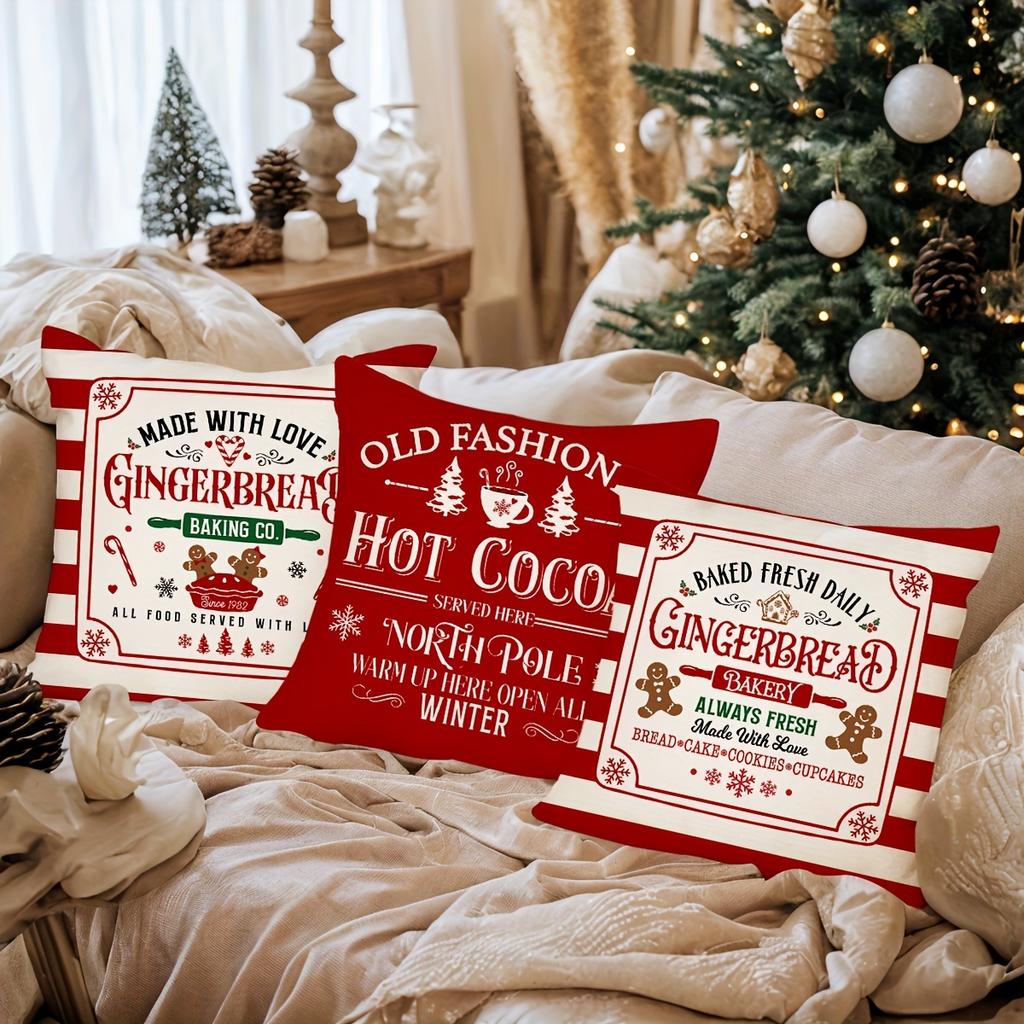 4-Pack Festive Christmas Throw Pillow Covers 18X18 Inch, Vibrant Gingerbread Bakery Candy Cane Designs, Farmhouse Winter Holiday