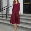 Women's Pleated A-line Midi Dress 3/4 Sleeve Crew Neck Swing Dress Summer Beach Vacation Flowy Sundress