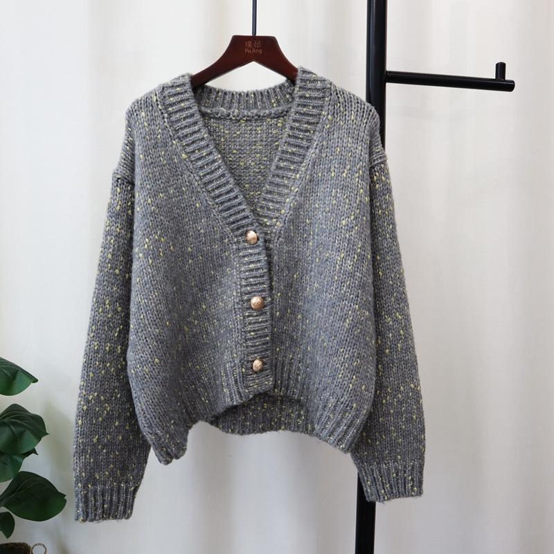 Autumn and Winter New V-neck Loose Short Knitted Cardigan Gentle Wind Soft Waxy Lazy Wind Sweater Jacket Women