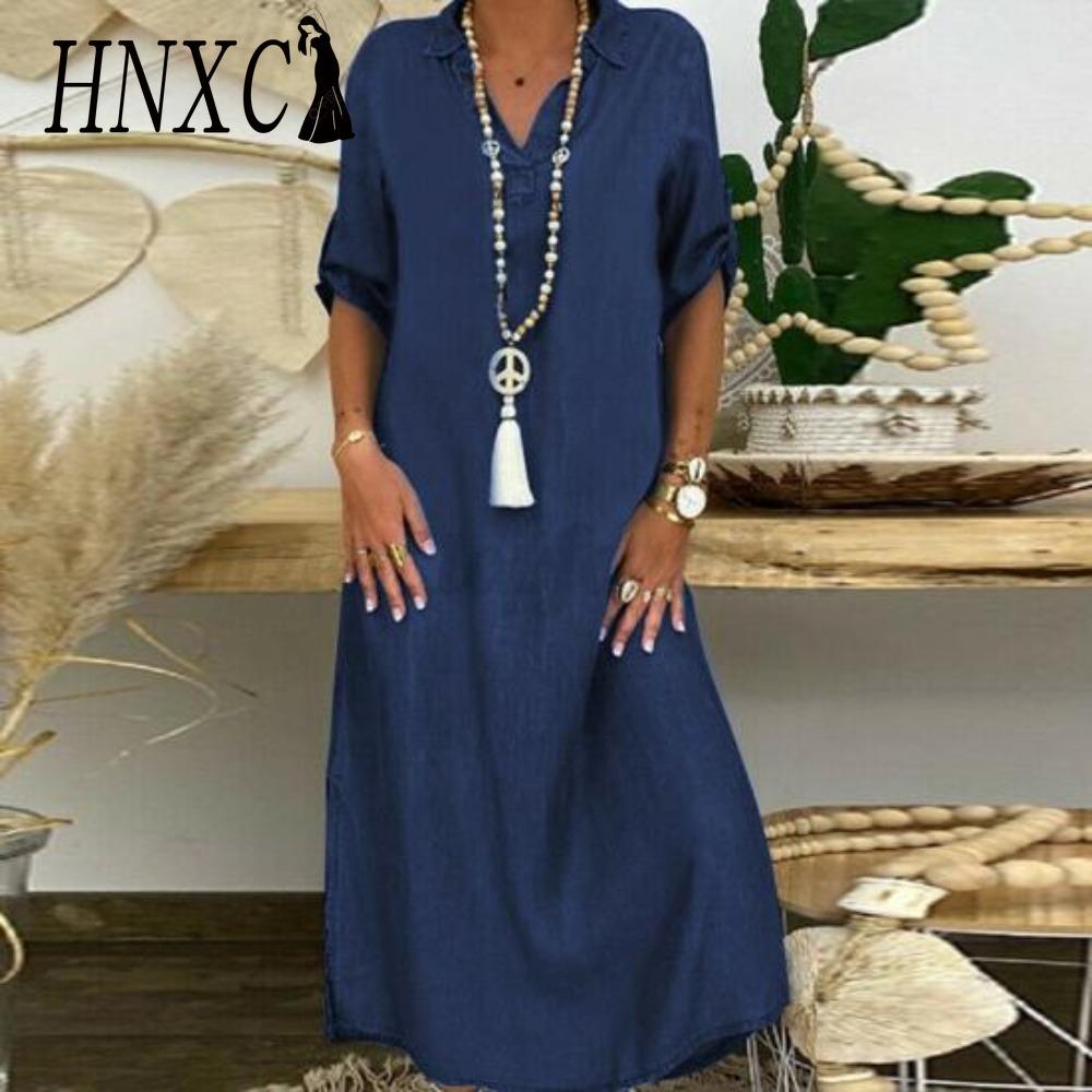 HNXC Летнее джинсовое платье для женщин, повседневные весенние синие макси-платья с V-образным вырезом и рукавом до локтя, большие размеры, длинные платья с разрезом