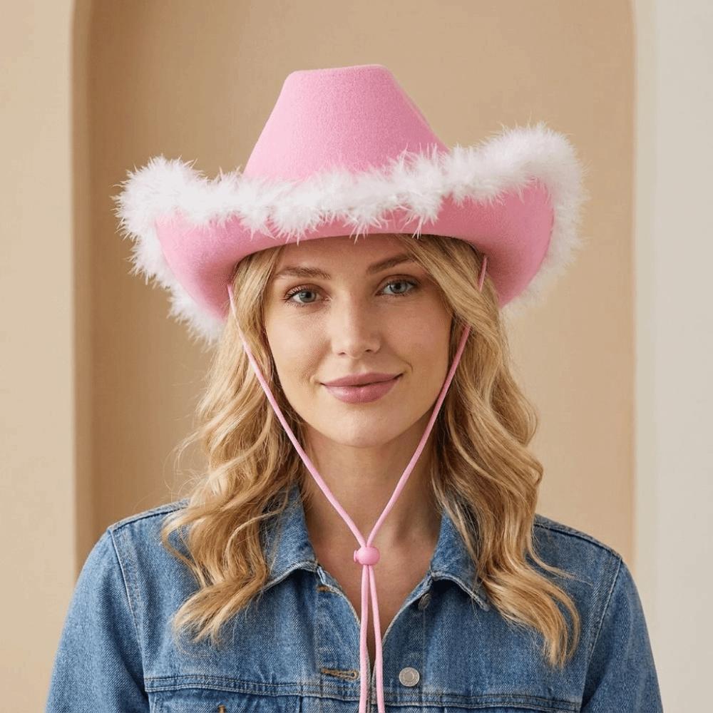 Wide Brim Jazz Hat Furry Trim Cowgirl Hat Casual Western Cowboy Hat Street Party