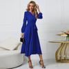 Autumn and Winter Women's Dress V-neck Long-sleeved Pleated A-line Dresses Mid-length Dresses