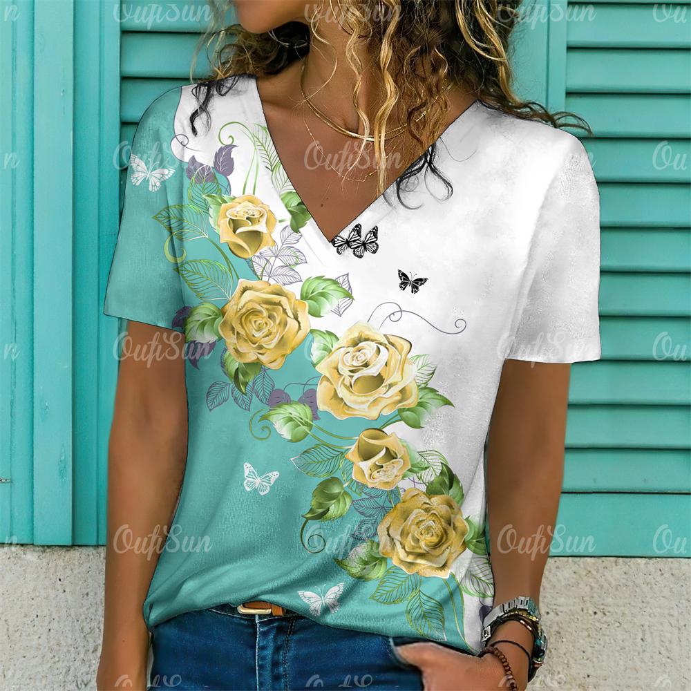 Модные женские футболки с цветочным принтом, топы с короткими рукавами и v-образным вырезом, футболки, повседневные кофты, женская футболка, одежда больших размеров