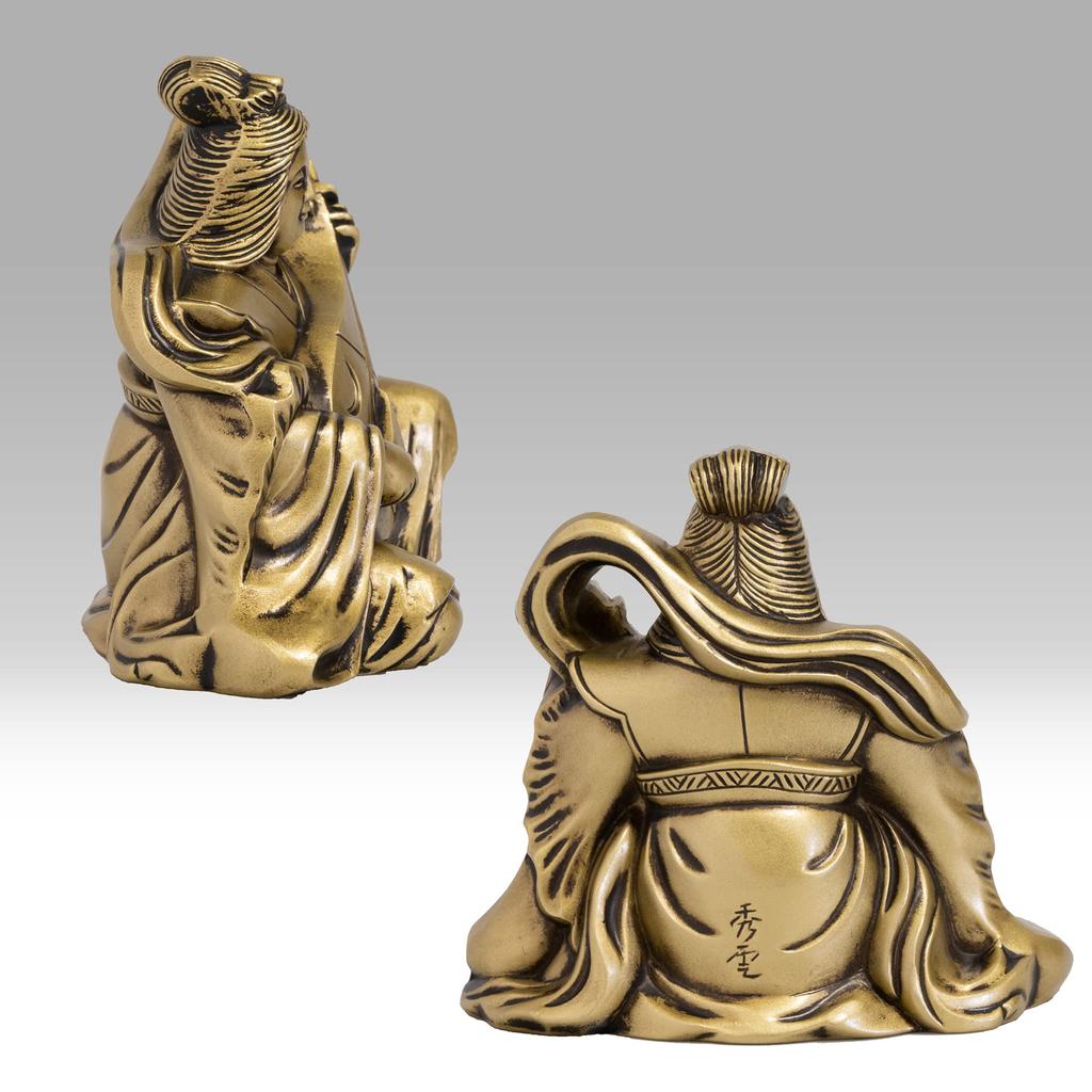 Benzaiten, One of the Seven Lucky Gods, Silky Gold. Sculptor: Makita Shuun. Antique Gold. Buddhist Statue. Takaoka Copperware (Benzaiten 7F).