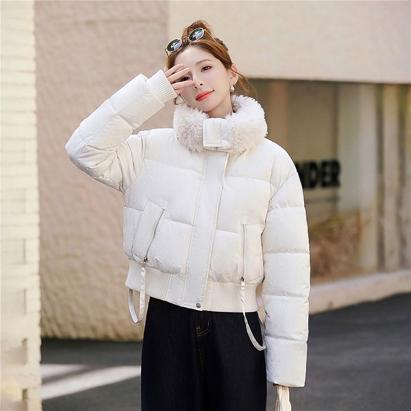 Womens Short Cotton Puffer Jacket With Faux Fur Collar Loose Fit Winter Coat Daily Wear
