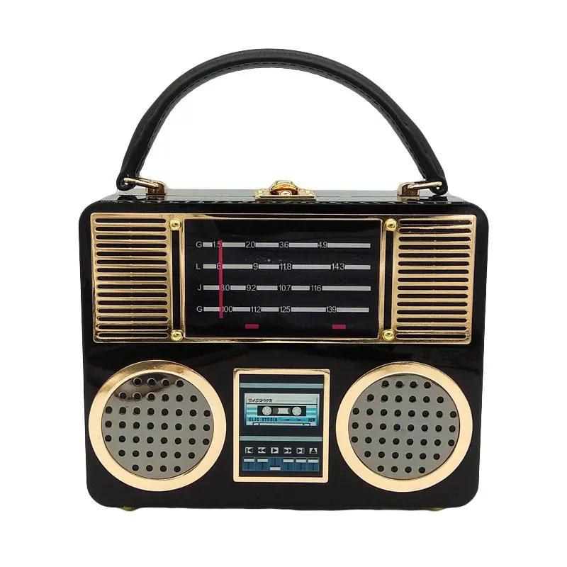 Boutique De FGG Retro Radio Case Box Clutch Black Acrylic Women Fashion Evening Party Totes Purse Shoulder Handbag Crossbody Bag