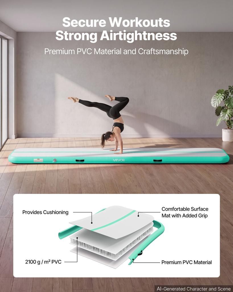 VEVOR Inflatable Gymnastics Air Mat 4m Training Mats w/ Electric Pump, 10 cm Thick Sturdy Tumble Track