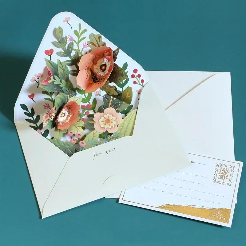 Romantic Flower Birthday Christmas Card 3D Pop-up Greeting Cards Set Postcard Party Wedding Decorations Creative Girl Gifts