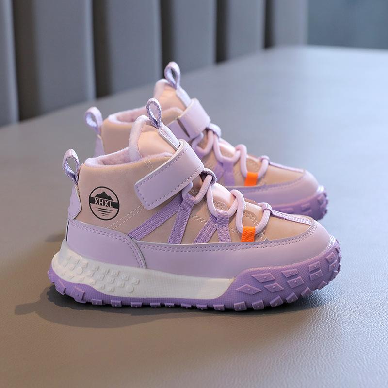 Детская обувь Плюс бархатные теплые спортивные туфли Осень и зима Кожаная липучка Водонепроницаемые кроссовки для бега