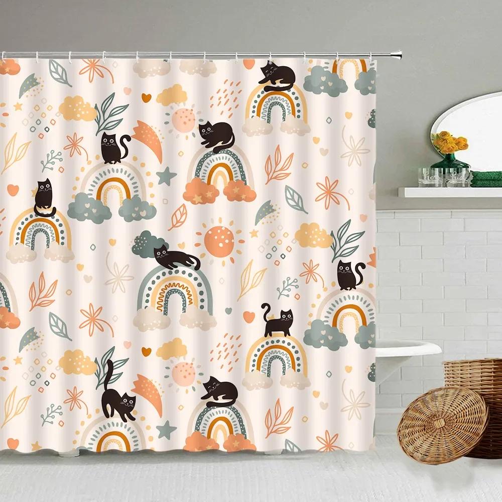 Cartoon Hand-Painted Animal Shower Curtain, Cat, Bird, Rabbit, Plant, Flower, Child Bathroom Decor With Hook