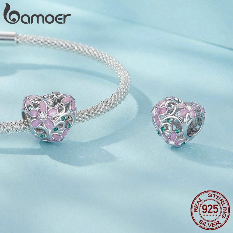 Bamoer 925 пробы серебро ослепительный циркон розовый цветок подвески божья коровка бусины для женщин браслет и ожерелье DIY ювелирные изделия