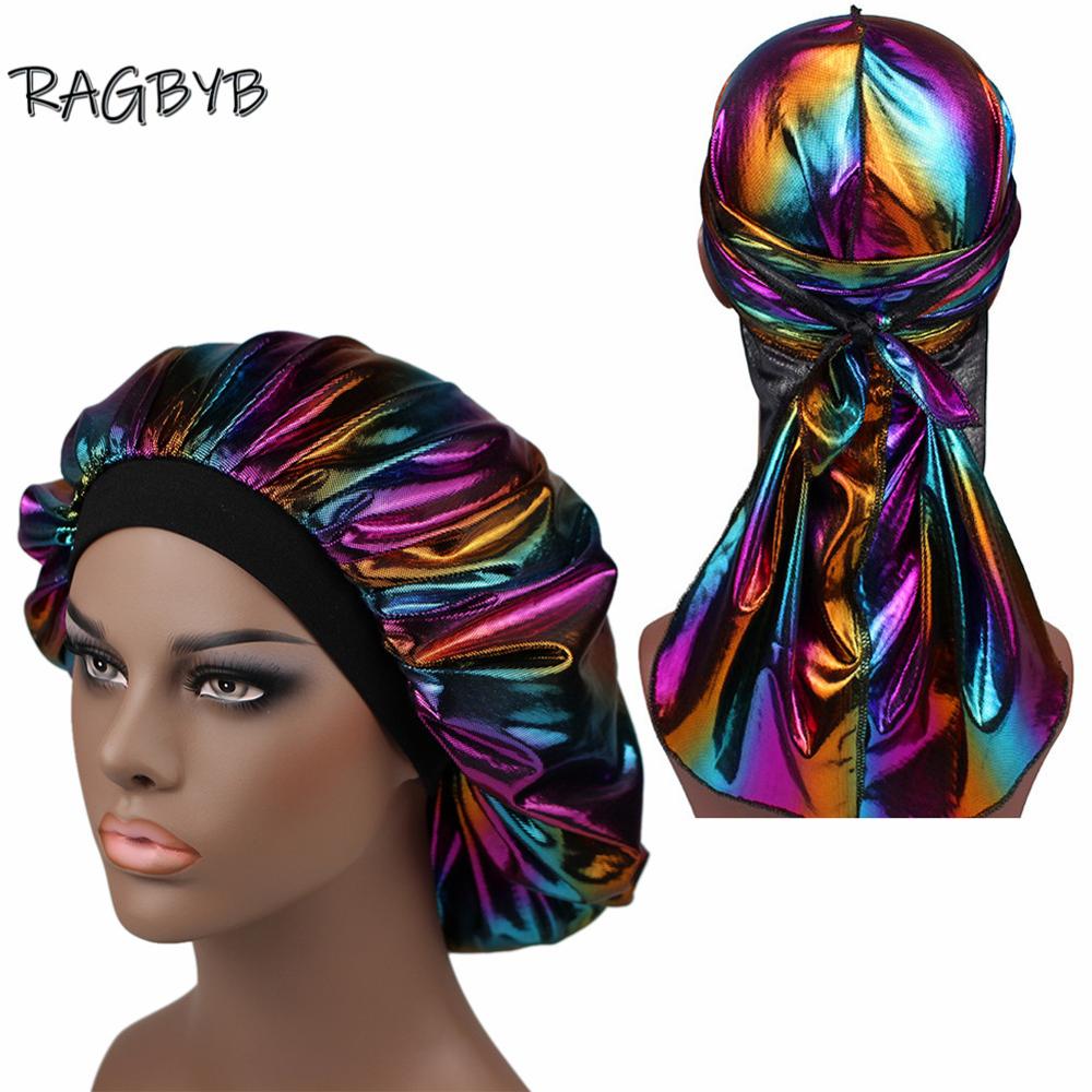 Унисекс блестящий шелковый Durag соответствующий набор для чепчиков мужской шелковистый Durag банданы чепчик для женщин шапочка для сна волнистая шапочка для волос платок Durag