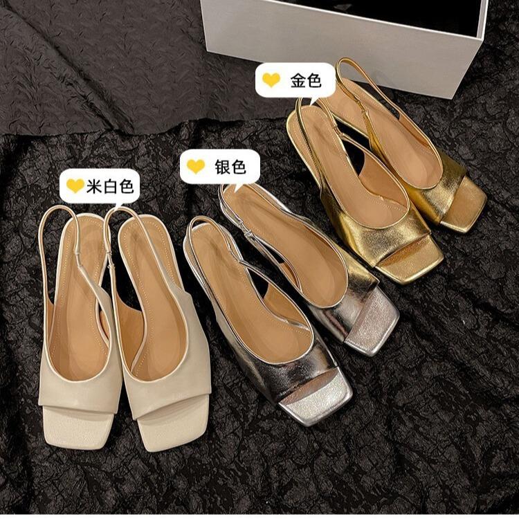 Bao Single Simple Temperament Square Head Leaking Toe Sandals 2025 Summer Full Leather Cat Heel Elastic Korean Version Women's Shoes
