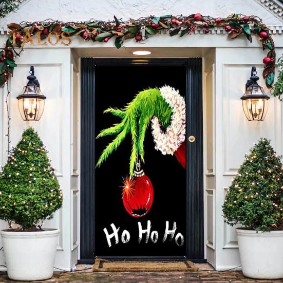 1 комплект гобеленов для гаражных ворот с 4 застежками-лентами в рождественском стиле с принтом Гринчи из мультфильма, создающий праздничную атмосферу для украшения фона для новогодней вечеринки