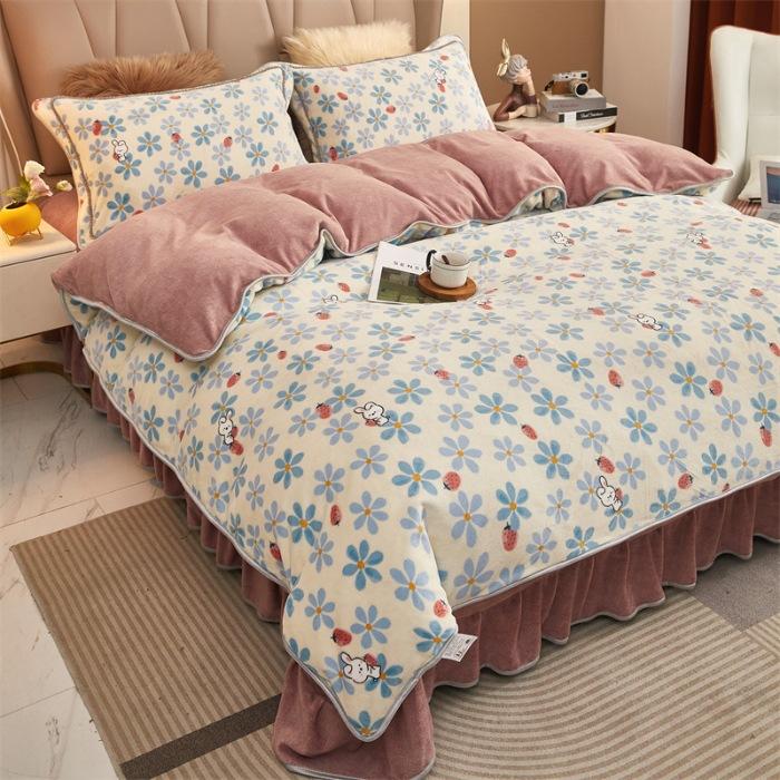 Light luxury high-end thickened milk fleece four-piece set, winter warm quilt cover, double-sided coral fleece anti-static three-piece set