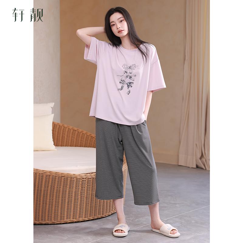 Xuan Liang Pajamas Women's Summer Modal Cotton Short sleeved Seven quarter Pants Casual Outerwear Ice Silk Cool Home Furnishing Set