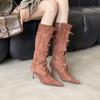 2025 осень и зима новая европейская и американская замшевая обувь с острым носком на высоком каблуке, темпераментная, французская мода, сексуальные красивые женские ботинки