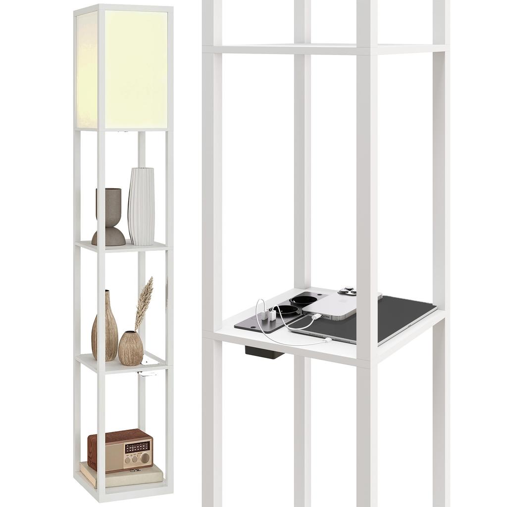 Floor Lamp with Shelves, Adjustable Light, Foot Switch and USB Ports, White